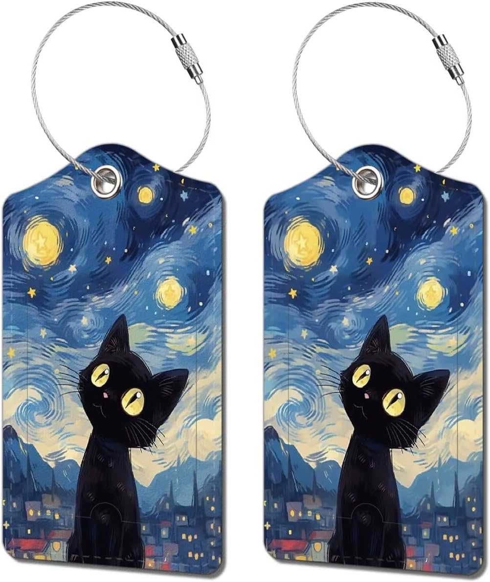 2 Pack Luggage Tag for Suitcase, Cute Unique Leather Bag Tags Identifiers Privacy Cover ID Label with Durable Steel Loop for Women Men Kids Girls Travel, Black cat Sky