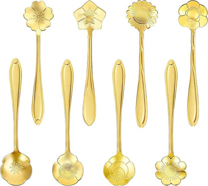 8-Piece Golden Flower Tea Spoon Set | Stainless steel gold spoons;