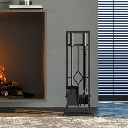 Fire Beauty 5 Pieces Fireplace Tools Set Wrought Iron Fire Place Pit Poker Holder(Black)