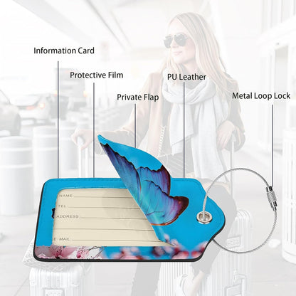 2 Pack Luggage Tags for suitcases Blue Funny Cute Butterfly Luggage Tag, Leather Stainless Steel Loop Label Tag for Men Women Travel Bag Suitcase(Butterfly)