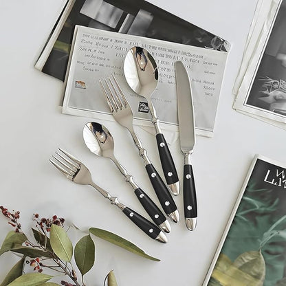 Silverware Set For 12 with Two Rivets, Vintage 60-Piece Everyday Flatware Set with Black Bakelite Handle, Stainless Steel Cutlery Set, Dishwasher Safe, Knives Spoons and Forks Set