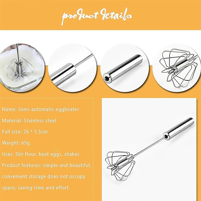Stainless Steel Egg Whisk, Hand Push Rotary Whisk Blender, Versatile Milk Frother, Hand Push Mixer Stirrer for Blending, Whisking, Beating & Stirring (12in)