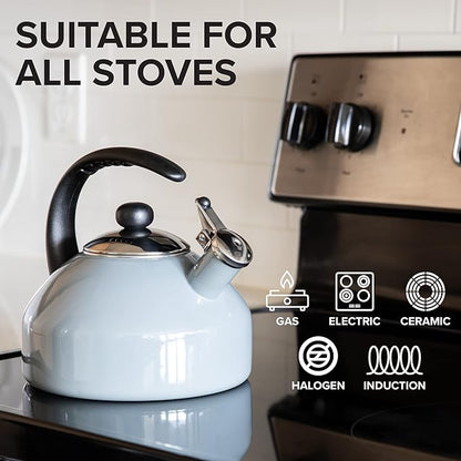 Farberware Omega Tea Kettle, Whistling Tea Pot, Works For All Stovetops, Porcelain Enamel on Carbon Steel, BPA-Free, Rust-Proof, Stay Cool Handle, 2.75 quart (11 cups) Capacity(Gray)
