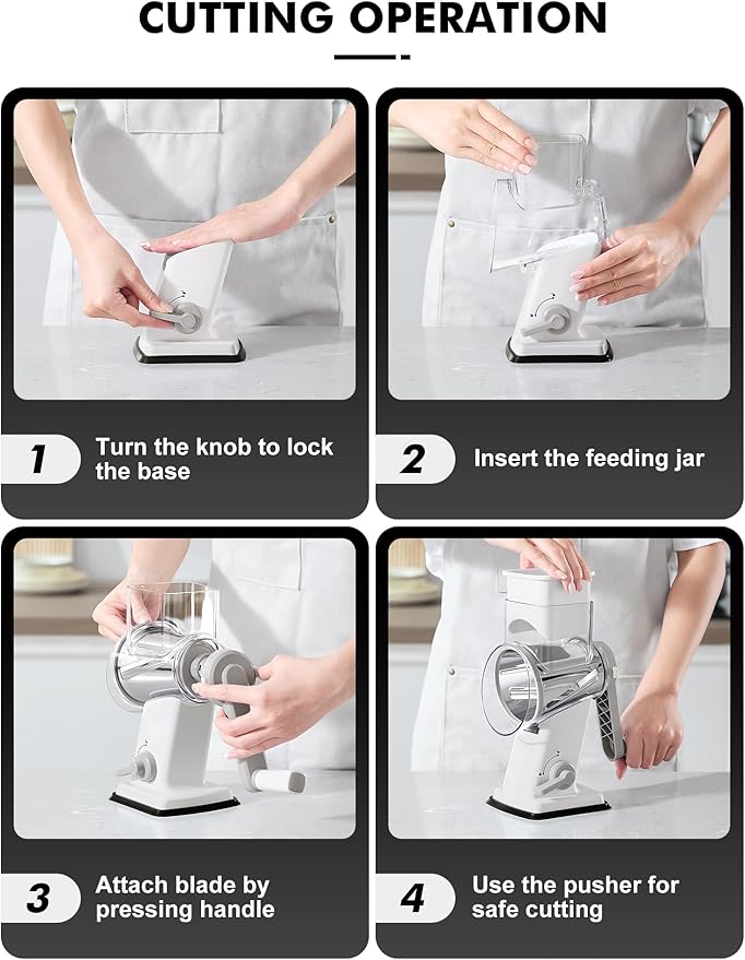 GDL Rotary Cheese Grater Hand Crank - Upgraded Cheese Shredder with 4 Interchangeable Blades, Rotary Grater with Non-slip Suction Base, Easy to Clean Kitchen Grater Slicer Grinder for Vegetable Nuts