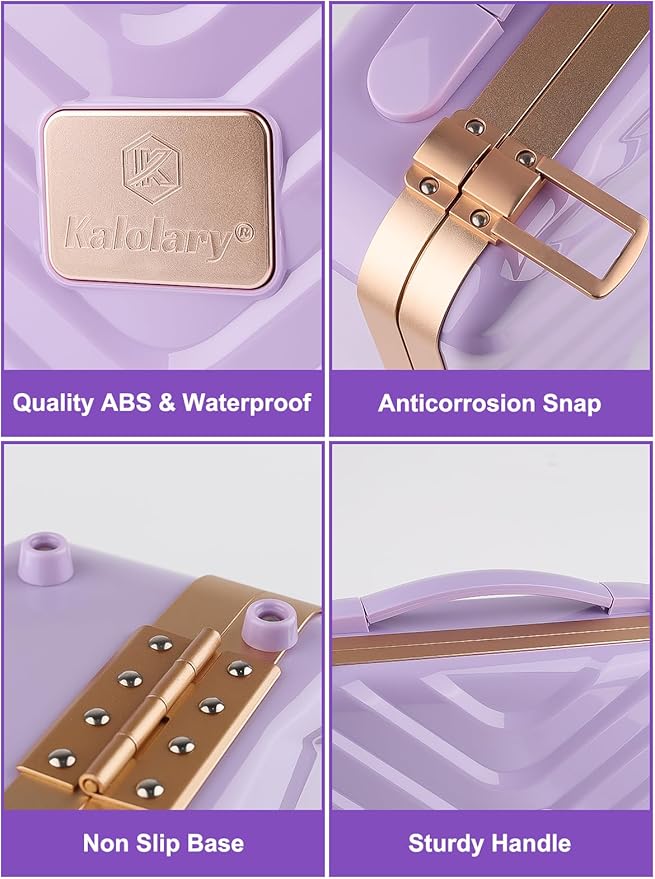 Kalolary Travel Makeup Train Cases with Lighted Mirror 3 Color Setting, Makeup Bag Cosmetic Case Organizer Adjustable Brightness Portable Makeup Storage Box with Detachable 5X Magnifying Mirror Purple