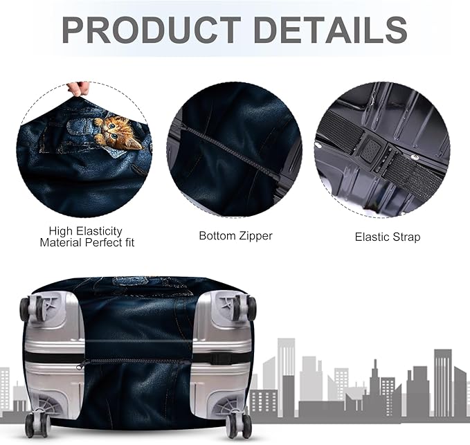ANNA QUEEN Cute Kitten in Pocket Luggage Cover, Funny Cat Suitcase Protector with Denim Print, Stretchable & Washable Spandex Travel Cover for 28-30 Inch Luggage