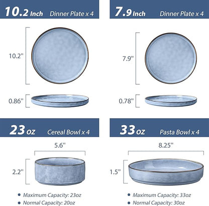 LIANYU 16 Piece Dinnerware Dish Sets with Salad Blows, Plates and Bowls Dinner Set for 4, Stoneware Dish Tableware for Dessert Salad Pasta, Microwave & Dishwasher Safe, Serenity Blue