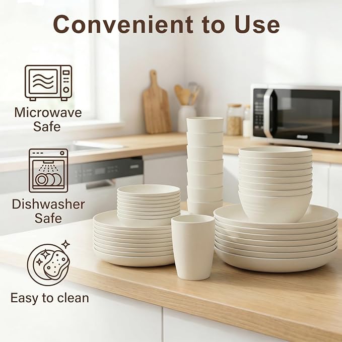 Dishes Set for 8, Wheat Straw Dinnerware Sets 40 Piece, Unbreakable Bowls and