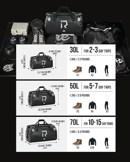 IRON JIA'S Motorcycle Dry Bag - Waterproof Duffle & Luggage Tail Bag Saddle Bags with Roll Top Closure, Shoulder Straps, Inner Pocket and Mesh Pocket (Black, 50L)