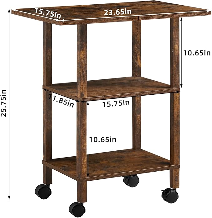Lerliuo 3 Tier Printer Stand with Storage, Printer Table for Home Office, Wooden Rolling Printer Cart Shelf with Lockable Wheels fit Fax Machine, Scanner(Brown)
