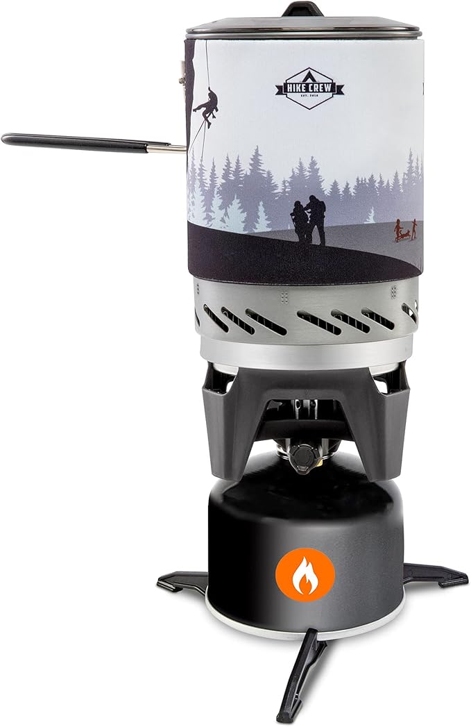 HikeCrew Portable Gas Powered Stove top & Cooking System, Compact Camping Cooktop with 1L Pot, Silicone Lid, Folding Handle & Carry Bag, Perfect for Camping, Hiking, Backpacking, Survival & Emergenc