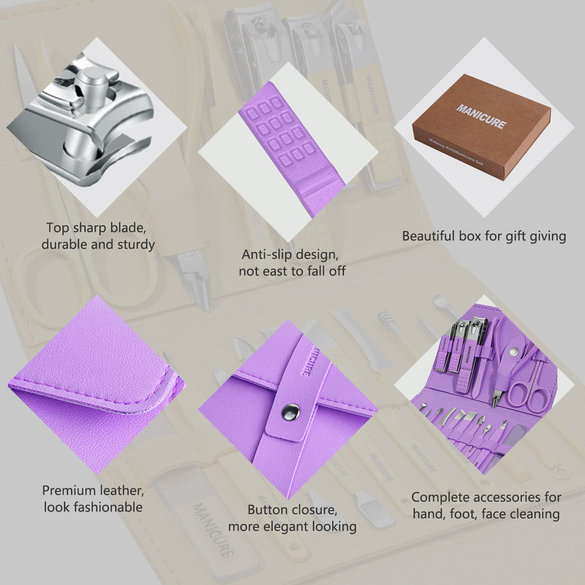 Manicure Set Professional Nail Clippers Pedicure Kit, 16 pcs Stainless Steel Nail Care Tools Grooming Kit with Luxurious Travel Leather Case for Thick Nails Men Women Gift (Violet)