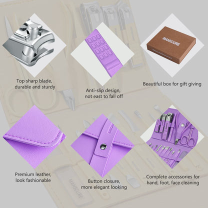 Manicure Set Professional Nail Clippers Pedicure Kit, 16 pcs Stainless Steel Nail Care Tools Grooming Kit with Luxurious Travel Leather Case for Thick Nails Men Women Gift (Violet)