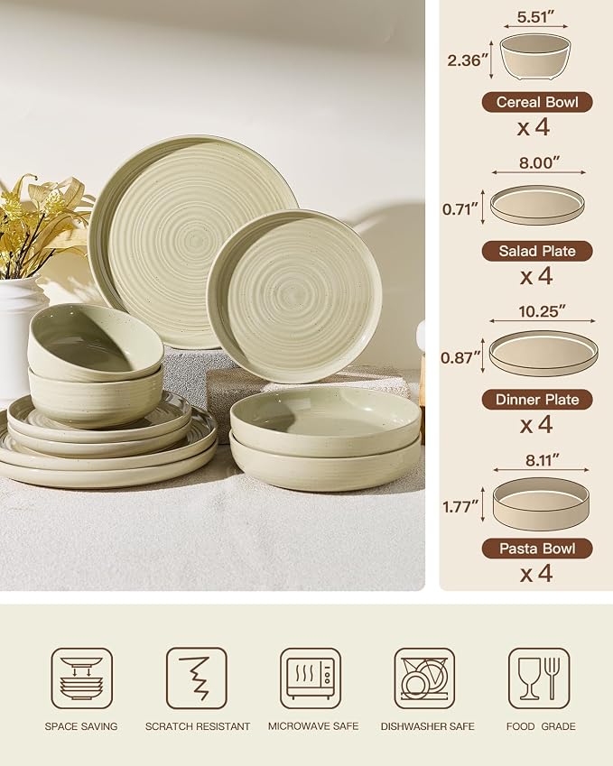 Stoneware Dinnerware Set with Pasta Bowls, Service