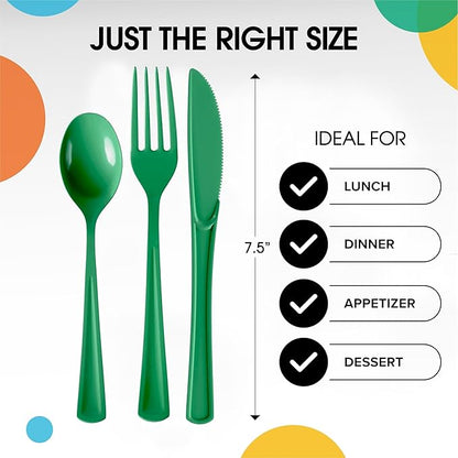Party Solids Emerald Green Plastic Silverware Heavy Duty 300 Pcs Green Plastic Cutlery Sets, Utensil Sets, 100 Of Each Forks, Knives & Spoons Disposable Cutlery Set, Flatware Set For Party Supplies