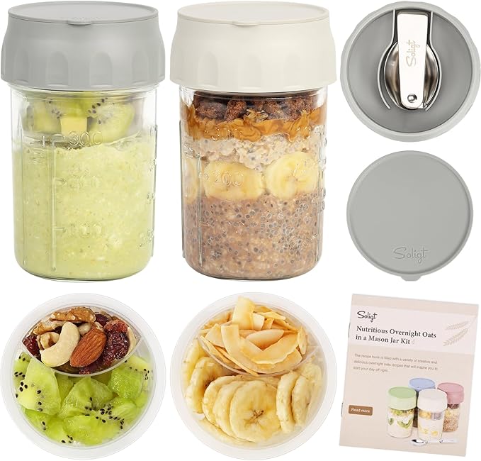 SOLIGT Overnight Oats Containers with Lids, Folding Spoons and Divided Compartment for Fruit & Nuts, Small Glass 16oz Mason Jars for Oatmeal Yogurt Parfait (2 Set-Smoke Gray/Oat White)