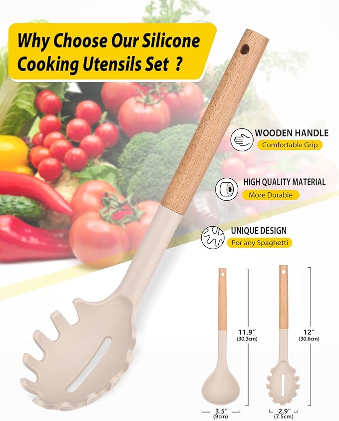 Silicone Pasta Fork and Ladle Spoon Set with Wooden Handle, Heat Resistant Non Stick Kitchen Utensils for Cooking, Stirring, Serving Spaghetti, Soup, Sauce(KHAKI)