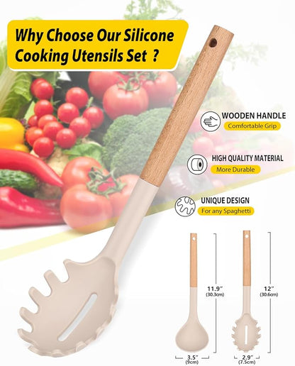 Silicone Pasta Fork and Ladle Spoon Set with Wooden Handle, Heat Resistant Non Stick Kitchen Utensils for Cooking, Stirring, Serving Spaghetti, Soup, Sauce(KHAKI)
