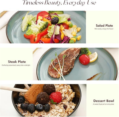 HomeVSS 20-Piece Dinnerware Set - Serves 4, Reactive Glaze Green Plates & Bowls Set | Microwave & Dishwasher Safe Dishes Set