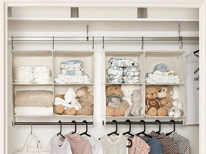 StorageWorks Hanging Closet Organizer with Metal Rod, 4-Section Closet Organizers and Storage, Collapsible Hanging Shelves for Baby Clothes, Shoes, Sweater Storage, Ivory and White