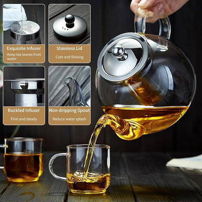 40OZ (1200ML) Glass Teapot with Infuser Stovetop Safe, Clear Glass Tea Pot Kettle, Borosilicate Tea Pot with Infusers Filter for Loose Tea, Tea Kettle Dishwasher Safe