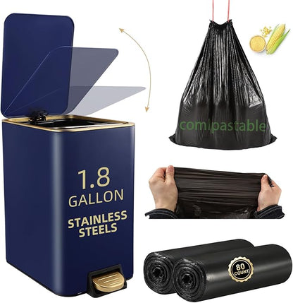 Small Bathroom Trash Can with Lid Soft Close, 1.8 Gallon Stainless Steel Garbage Can with Removable Inner Bucket,80Count Trash Bags, Slim Step Pedal Trash Bins