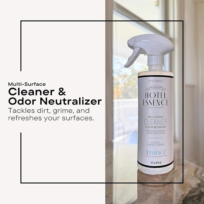 Hotel Essence Cleaner: Plant-Based Multi-Surface Cleaner & Odor Neutralizer, 16 oz, Leather, Cardamom, Lemon, Sandalwood, Cedarwood, Cinnamon, Vetiver, Amber, Musk, Iris, 16 Fl Oz (2)