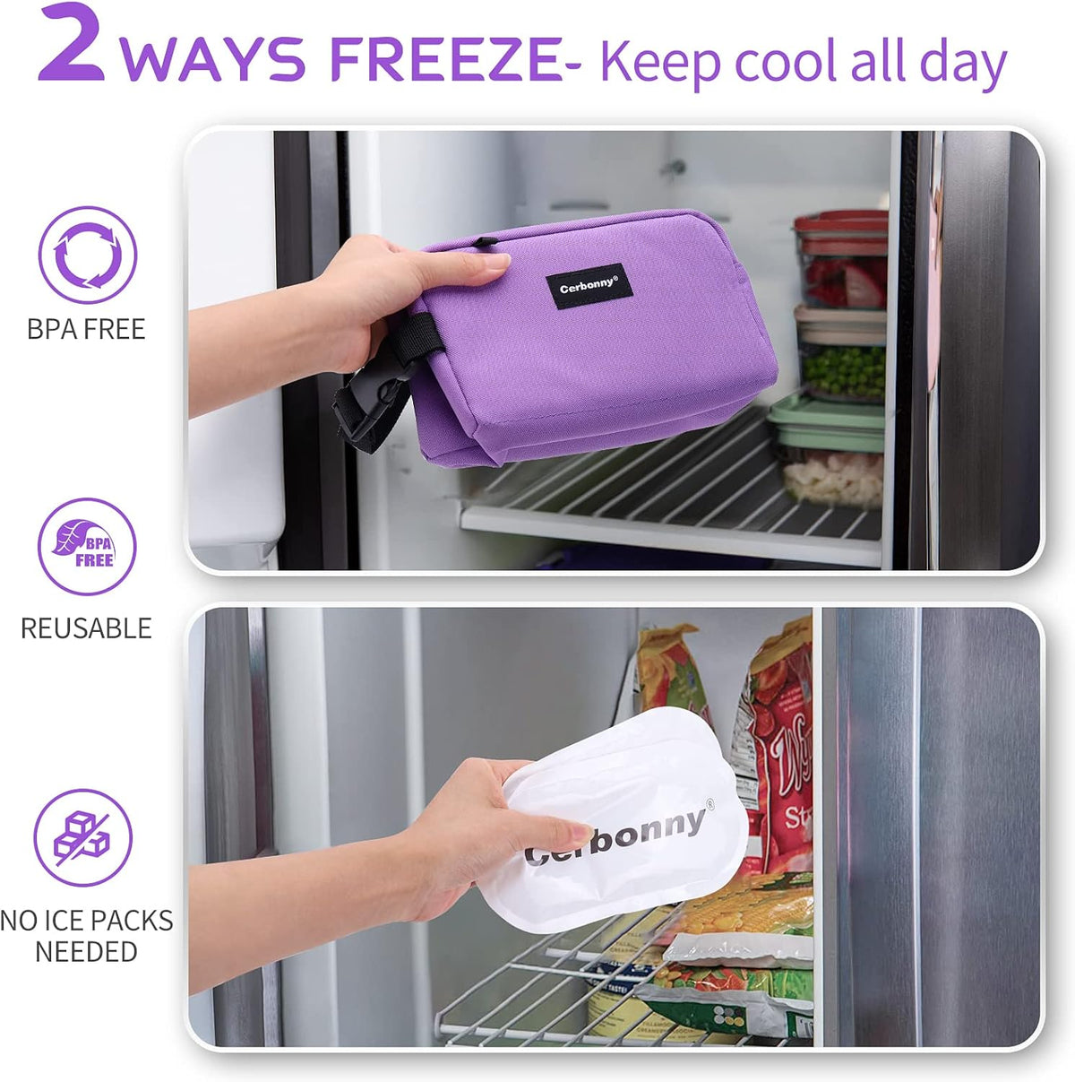 CERBONNY Small Cooler Bag Freezable Lunch for Work School Travel,Leak-proof Bag,Small Insulated For Kids/Adults,Freezer Bags,Freezable Snack Bag,Mini Fit Yogurt purple-1