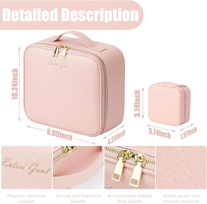 Makeup Travel Train Case with Mirror LED Light 3 Adjustable Brightness Cosmetic Bag Portable Storage Adjustable Partition Waterproof Makeup Brushes Makeup Jewelry Gift for Women (Pink checkered)