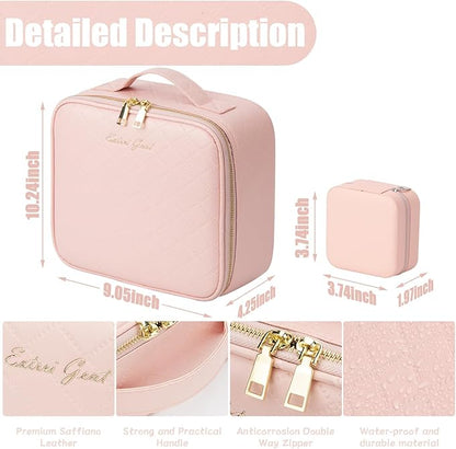 Makeup Travel Train Case with Mirror LED Light 3 Adjustable Brightness Cosmetic Bag Portable Storage Adjustable Partition Waterproof Makeup Brushes Makeup Jewelry Gift for Women (Pink checkered)