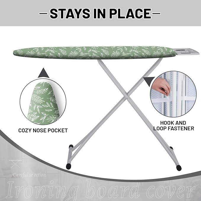 Extra Thick Ironing Board Cover and Pad, 15x54 Ironing Board Cover, Resist Scorching and Staining,Elastic Edges,Sage Green Spring Summer Plants