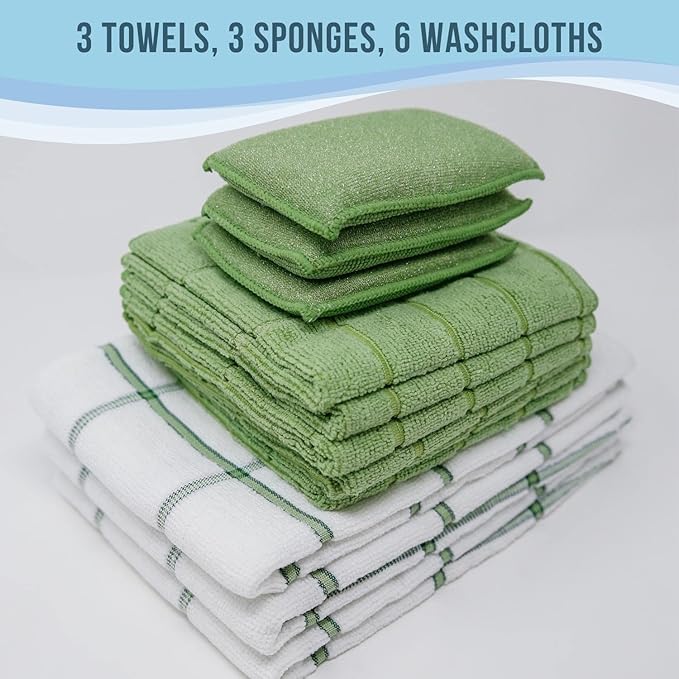 Don Aslett's 12 Piece Microfiber Kitchen Set | 6 Multi-Purpose Wash Cloths, 3 Super Absorbent Kitchen Towels, 3 Scratch-Free Sponges | Lint Free | Green