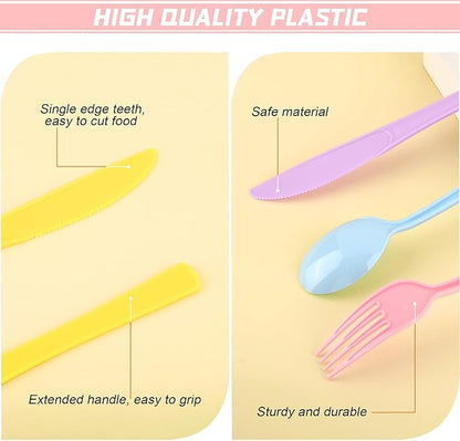 300 Pieces Pastel Plastic Silverware Heavy Duty Plastic Cutlery Set Heavyweight Disposable Utensils Includes Spoons Forks Knives for Birthday Wedding Dinner, Macaron Colors