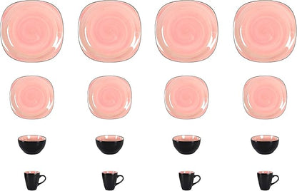 Stoneware Square 16pc Dinnerware Set, Inside Spinwaseh Swirl Rose + Outside Black