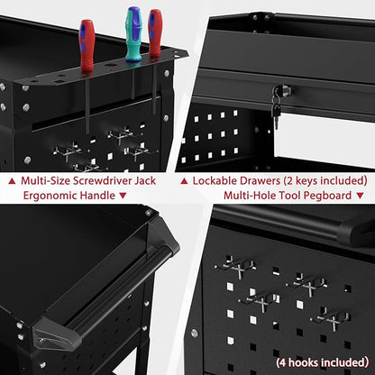3 Tier Rolling Tool Cart on Wheels, Heavy Duty Service Cart Industrial Utility Cart with Drawer and Screwdriver Rack Pegboard, 550 LBS Mobile Tool Storage Organizer for Garage, Workshop(Black)