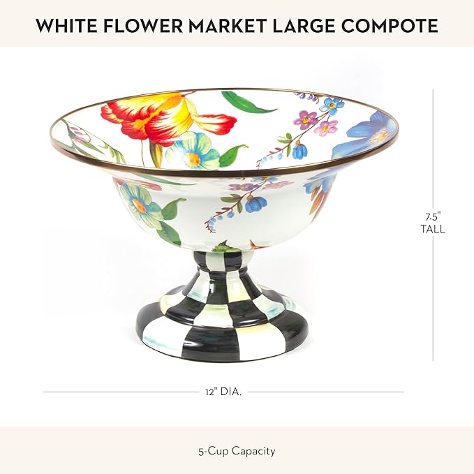 MACKENZIE-CHILDS Enamel Compote, Cute Enamel Pedestal Serving Dish or Decorative Bowl, Large, White Flower Market