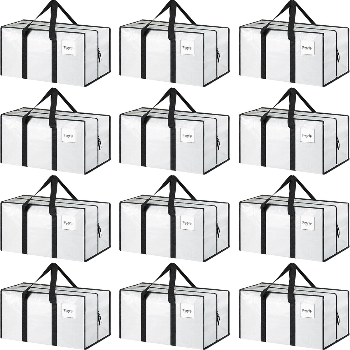12 Pack Extra Heavy Duty Large Moving Bags with Strong Zipper & Comfortable Handles, Sturdy & Durable Clothes Storage Bags Totes Bins, Packing Moving Boxes for College Supplies, White
