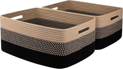 Large Storage Basket for Organizing, Woven Rope Basket for Shelves, Closet Organizer Bins for Clothes, Blanket, Toys, Baby Nursery Storage, 17.7" x 13" x 7.87", 2 Packs Black & Brown