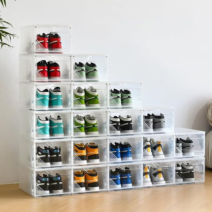 Modular XX-Large Shoe Organizer,6 Pack Shoe Storage Organizer Easy to Assemble,Shoe Box Clear Plastic Stackable,Drop Front Shoe Box with magnetic Door, Containers For Sneaker,Fit up to US Size 15