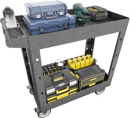 Large Garage Plastic Utility Cart, Heavy Duty 2 Shelf Tool Cart Service Cart Rolling Push Carts with Ergonomic Handle 5" Swivel Casters.