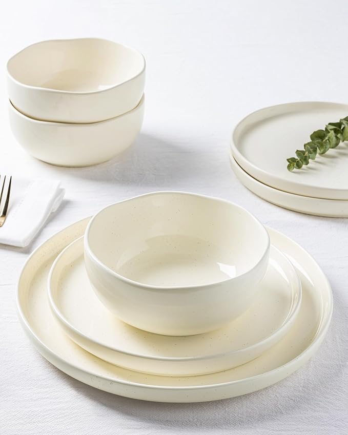 TheTerra Ceramic Dinnerware Sets for 4, 12 Pieces Porcelain Lightweight Plates and Bowls Sets, Scratch Resistant Dish Set, Oven & Microwave & Dishwasher Safe, Beige Speckled