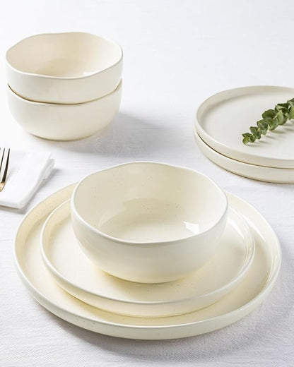 TheTerra Ceramic Dinnerware Sets for 4, 12 Pieces Porcelain Lightweight Plates and Bowls Sets, Scratch Resistant Dish Set, Oven & Microwave & Dishwasher Safe, Beige Speckled