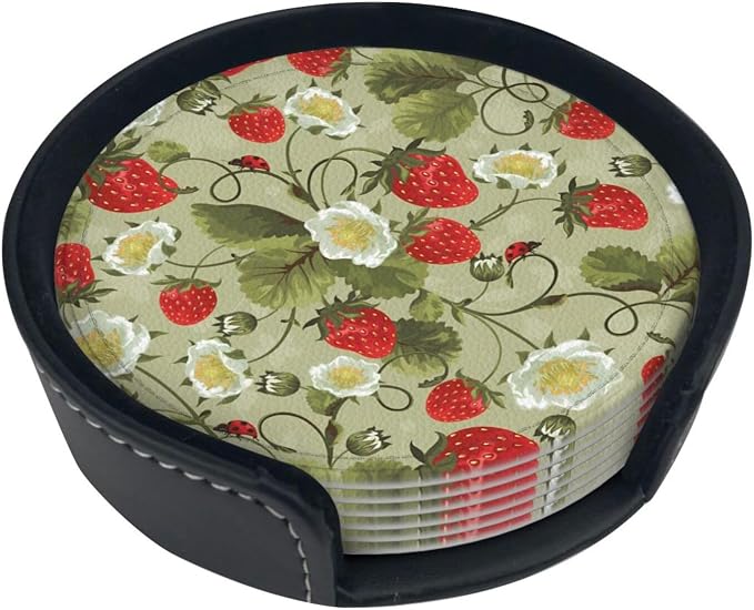 6 Pcs Strawberry Ladybug Leather Coasters