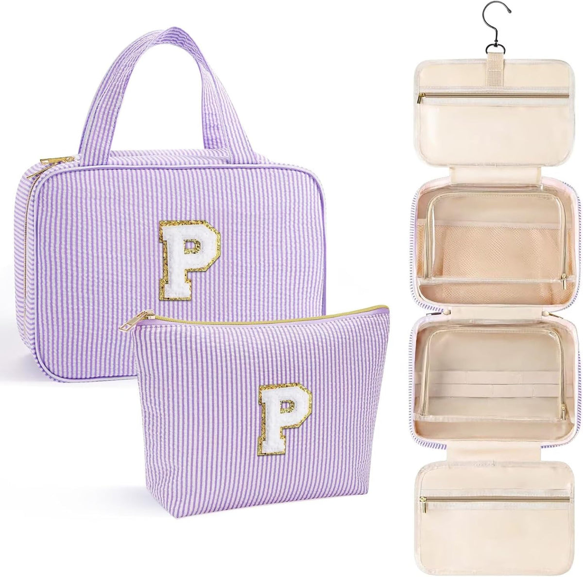 YOOLIFE Hanging Toiletry Bag for Women - Travel Toiletry Bag Makeup Bag, Portable Toiletries Cosmetic Bag, Airplane Travel Essentials - Letter P, Purple