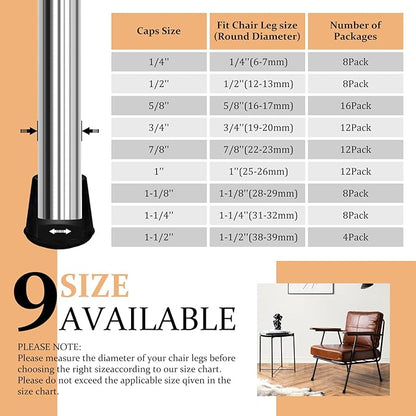 1" Round Rubber Chair Leg Tips Caps, Chair Leg Floor Protectors Furniture Legs Caps Non Slip Reduce Noise for Hardwood Floors (Black, 24 Pack)