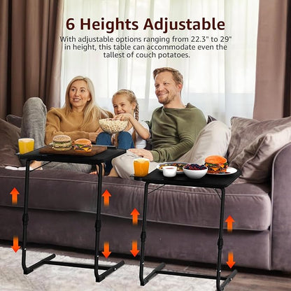 Adjustable TV Tray Black Dinner - Folding Trays for Eating On Couch Wooden Tables Mate Stand Foldable Desk with Cup Holder Portable