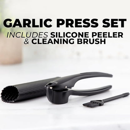 Zulay Kitchen Premium Garlic Press Set – Rust Proof & Dishwasher Safe Garlic Mincer Tool with Silicone Garlic Peeler & Brush, Easy Squeeze & Clean, Ergonomic Soft Grip Handle - Medium – Black