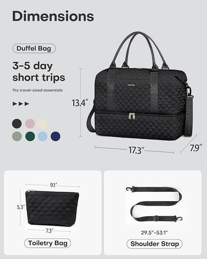 HOTOR Travel Duffel Bag - Weekender Bags for Women, Carry On Overnight Bag with Shoe Compartment, with Toiletry Bag for Travel Essentials and Travel Accessories, Black, 13.4"×17.3"×7.9"