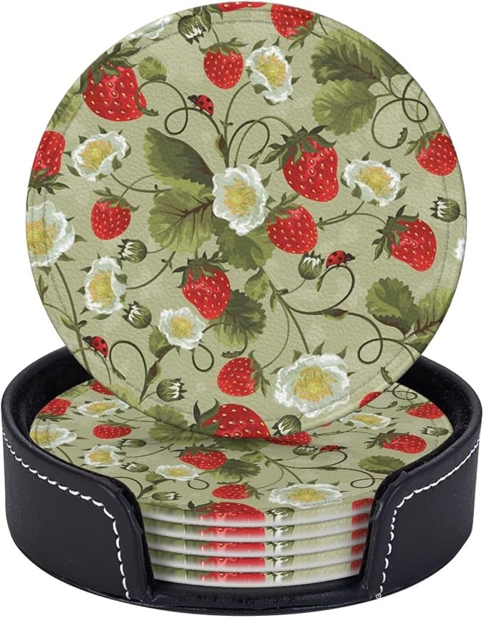 6 Pcs Strawberry Ladybug Leather Coasters