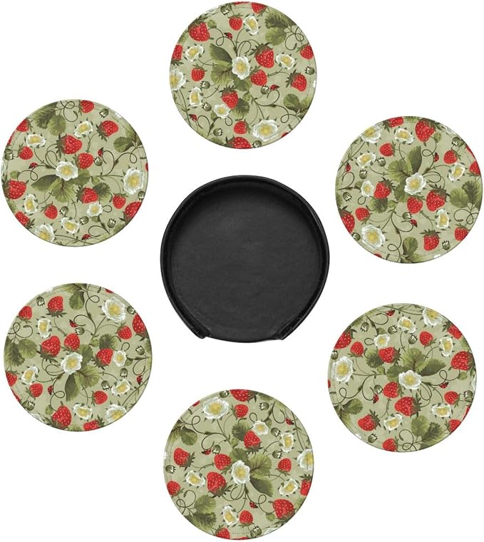 6 Pcs Strawberry Ladybug Leather Coasters